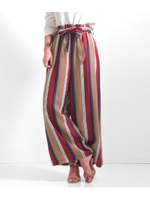 【Alluge】マルチストライプウエストリボンワイドパンツ/ベージュ(005)