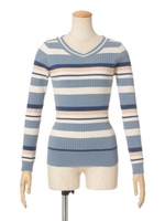 【F i.n.t】マルチボーダーVネックニットプルオーバー/PINK