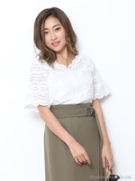 半袖コットンスカラレースブラウス/ホワイト