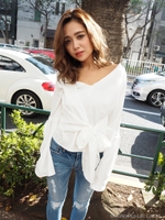 ウエストリボン袖フレアブラウス/WHT