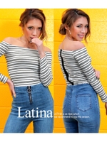 【Latina】バックデザインマルチボーダーリブトップス/ホワイト(001)
