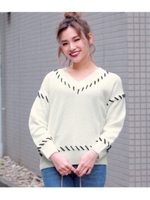 【CHILLE】配色デザインニットトップス/ホワイト(001)