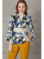 ◆スリットスリーブ フラワープリント ブラウス/ブルー1(111)