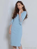 袖レースタイトワンピース/ブルー