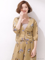 フラワープリント前結びブラウス/ベージュ