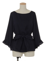 ウエストリボンフレアスリーブブラウス/紺