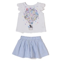 ネコプリントTシャツ＆ストライプキュロットセット