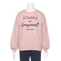 袖チュール重ねロゴ入り裏毛トレーナー