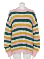 FLUFFY BORDER HIGHNECK KNIT/PINK MIX
