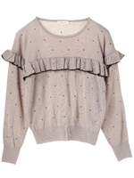 ・ドット刺繍フリルニットプルオーバー/ライトグレー