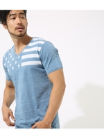 【AZUL BY MOUSSY】インディゴ天竺星条プリントVネック半袖T/L/BLU