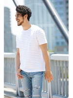 【AZUL BY MOUSSY】ヘリンボンボーダークルーネック半袖プルオーバー/WHT