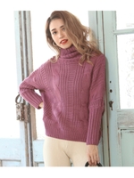 【CHILLE】ケーブル編み袖長リブニットトップス/パープル(022)