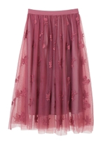 【スカート】チュール刺繍スカート/ボルドー