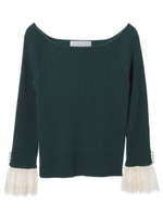 【ニット】リブレースカフスパールボタンニット/グリーン