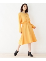 【洗える】キーネックミモレワンピース/イエロー(032)