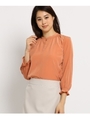【洗える】シャーリングネックブラウス/オレンジ(065)