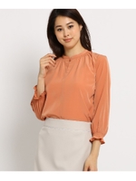 【洗える】シャーリングネックブラウス/オレンジ(065)