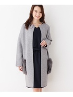 【洗える】フェイクファーポケットノーカラーカーディガン/ライトグレー(011)