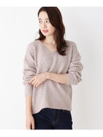 【洗える】メランジバックVネックニット/ライトベージュ(451)