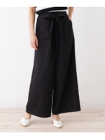 【洗える】リボンベルト付きコットンリネンワイドパンツ/ブラック(019)