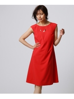 【洗える】ローウエスト切り替えフレアワンピース/レッド(062)