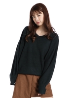 アゼボリューム袖Vネックニット/ミドリ