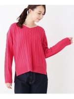 ウール混Vネックケーブルニット/ラズベリーピンク(073)