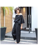 オフショルウエストリボンリネンロンパース/ブラック