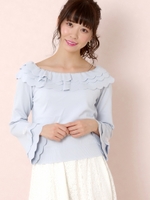 スカラップティアードオフショルニット/ライトブルー