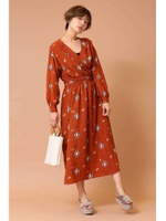 ダマスク柄カシュクールワンピース/ブラウン1(051)