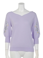 ハートネック袖刺繍ニットプルオーバー/ラベンダー