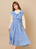 フラワーフリルミディワンピース/ライトブルー