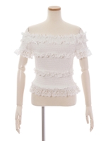 フリルシャーリングトップス/ホワイト