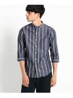 ブロードストライプバンドカラー7分丈カジュアルシャツ/ネイビー(393)