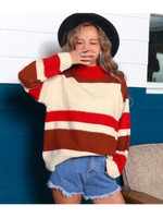 プチハイネック配色デザインニットトップス/レッド(025)