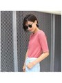 ラウンドネック5分袖リブトップス クルーネック/ピンク