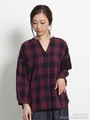 リネンブロックチェックパウダースノーウォッシュブラウス/ボルドー