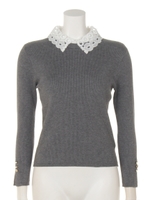 レース衿付きリブニット(グレー)/グレー
