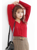 レース編みニットカーディガン/レッド(100)