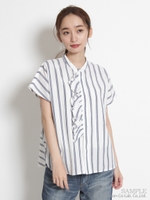 ヴィンテージクロスストライプフリルブラウス/ネイビー