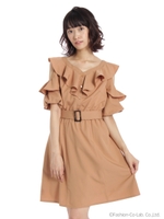 肩開きフリルワンピース/ベージュ