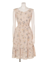 小花プリントギャザーフレアワンピース/ベージュ