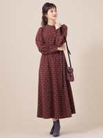 小紋プリントウエストコンパクトワンピース/ボルドー