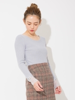 袖レース刺繍リブニット/サックス