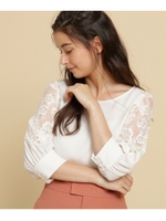 袖刺しゅうレースブラウス/ライトベージュ(051)