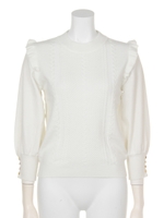 長袖肩フリルケーブルニット(ブラック、ダスティー)/ホワイト