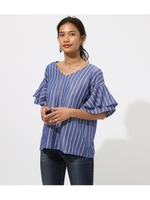 BACK RIBBON FRILL BLOUSE/柄BLU5