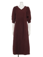 Vネックギャザー切替ワンピース/ブラウン