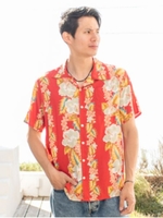 【Kahiko】ヴィンテージ風ハイビスカス柄MEN'Sアロハシャツ/レッド